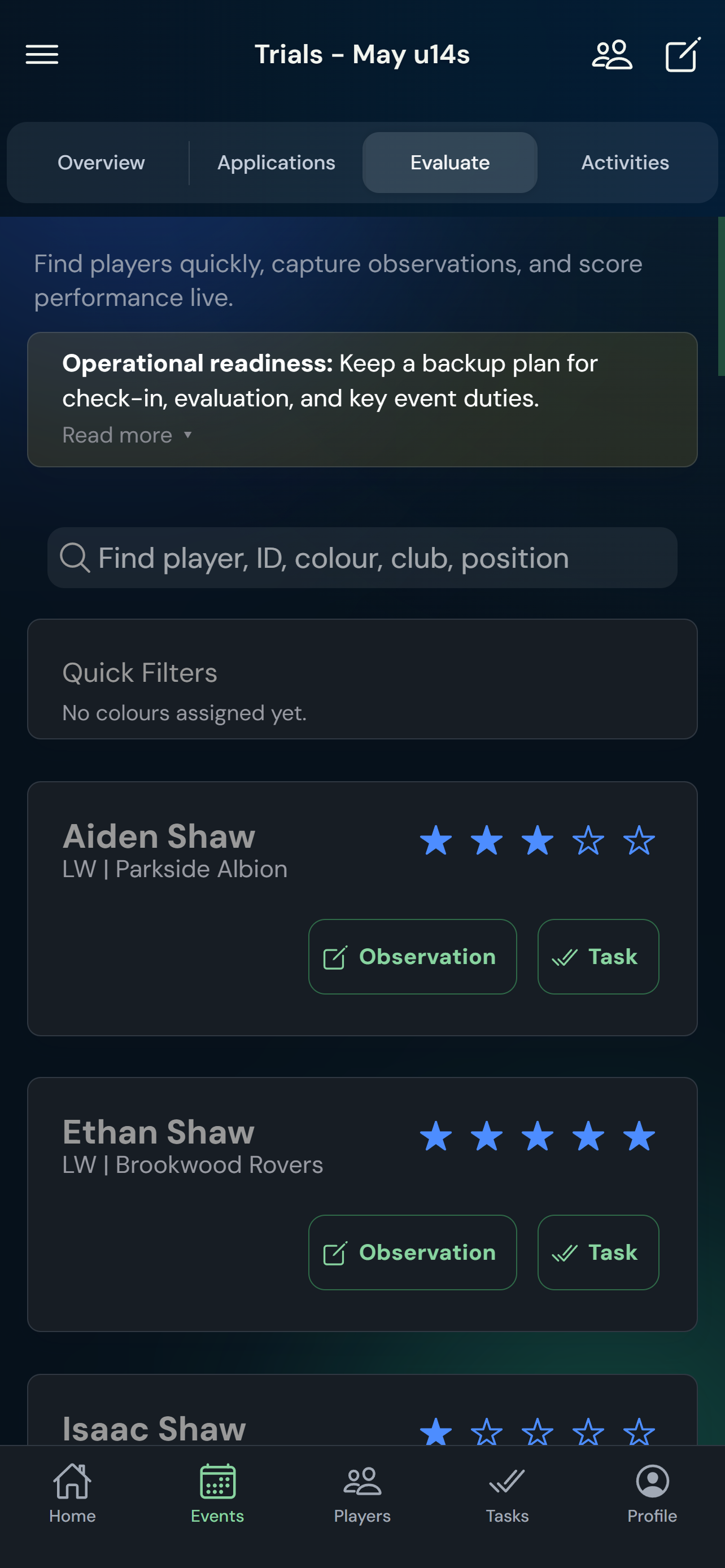 Live player evaluation screen with star ratings and quick filters