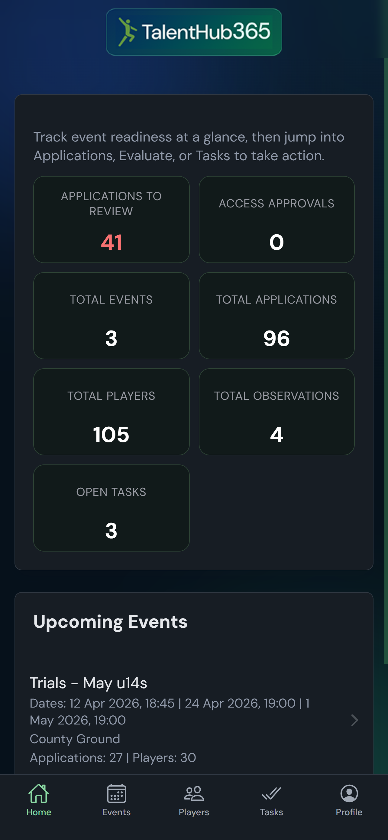 TalentHub365 home dashboard showing event readiness KPIs on iPhone