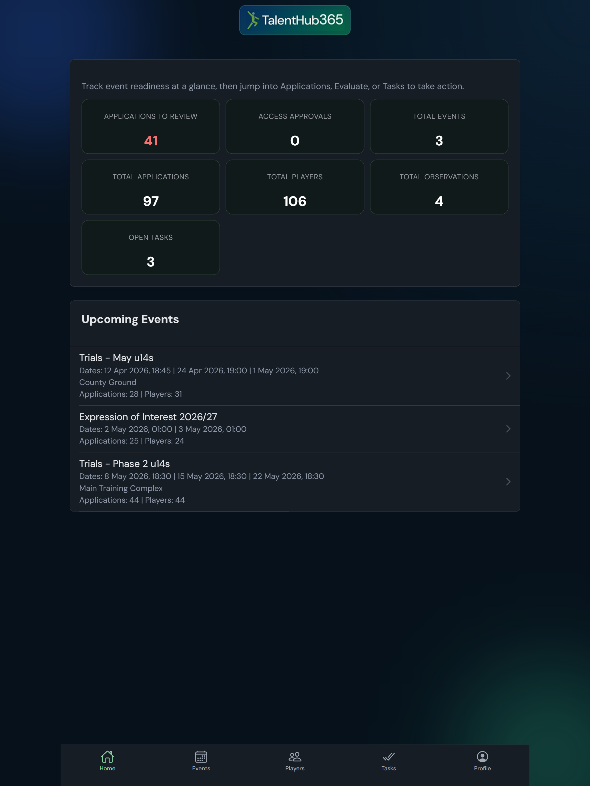 TalentHub365 home dashboard on iPad
