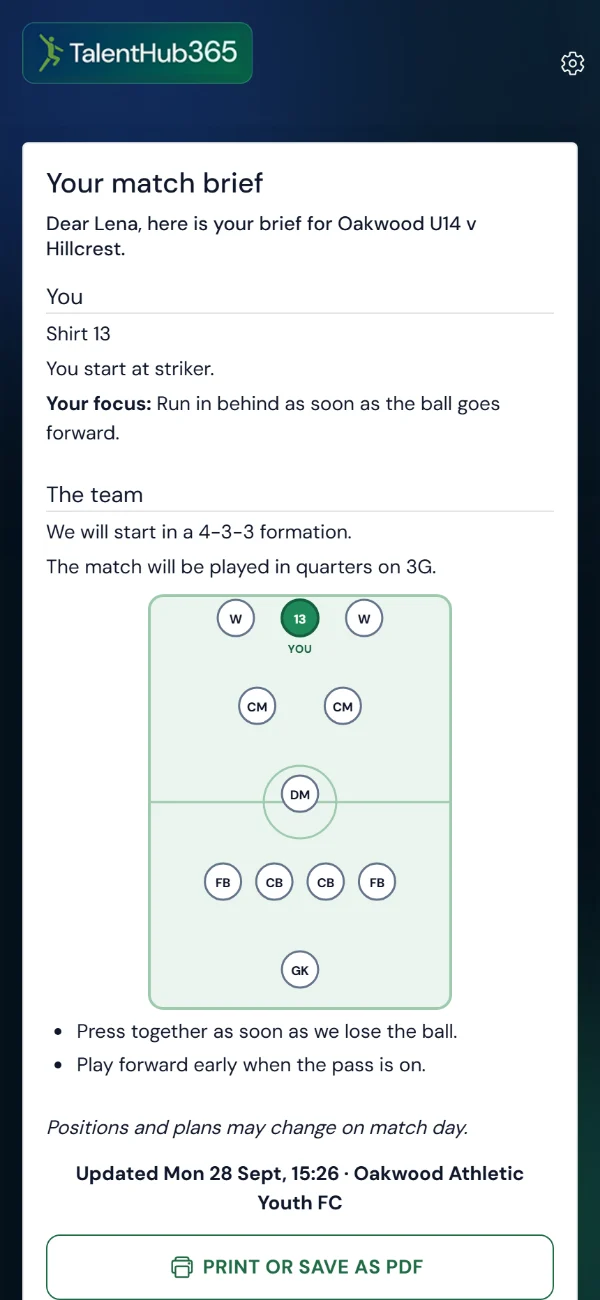 A player's match brief on a phone: shirt number, where they start, their focus, the formation with their own place lit, and two playing principles