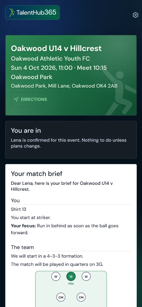 A family's page for a match on a phone: the date, meet time, venue address and a Directions button, a confirmed place, and the start of the player's match brief