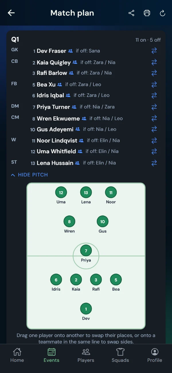 The coach's match plan on a phone: the first quarter's lineup by position with the cover for every place, and the 4-3-3 drawn on a pitch with shirt numbers