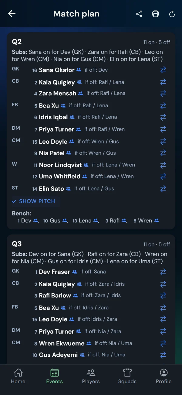 The coach's match plan on a phone: the second and third quarters, each naming who comes on for whom, and the bench