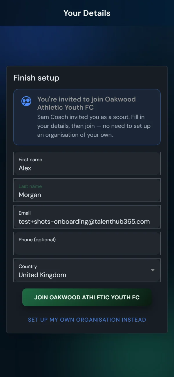 Onboarding offering a pending club invitation with a Join button