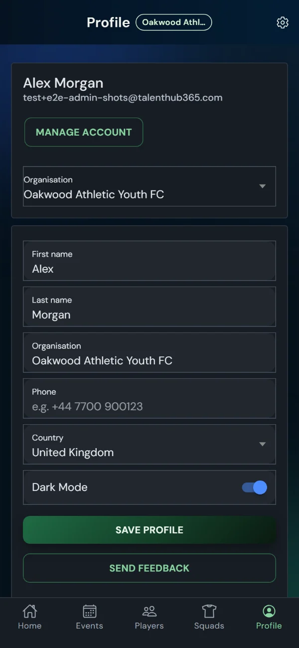 Profile page with the organisation switcher under Manage Account