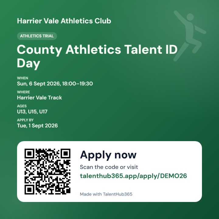 Auto-generated athletics trial poster with club name, dates, venue, age groups, QR code and apply link