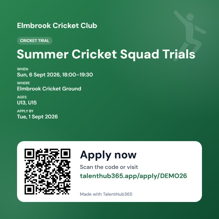 Auto-generated cricket trial poster with club name, dates, venue, age groups, QR code and apply link