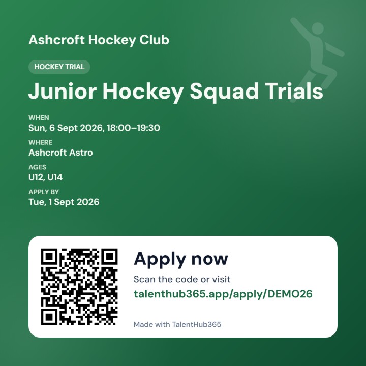 Auto-generated hockey trial poster with club name, dates, venue, age groups, QR code and apply link