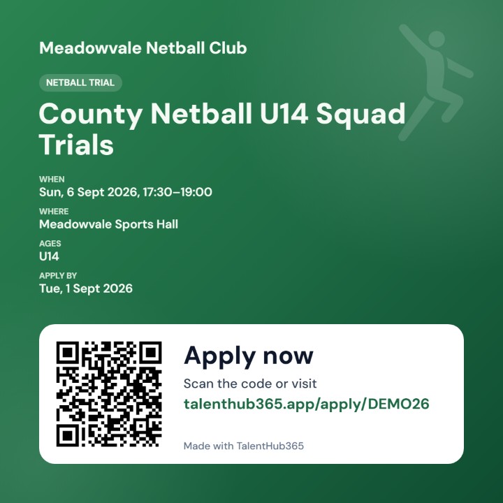 Auto-generated netball trial poster with club name, trial dates, venue, age group, QR code and apply link
