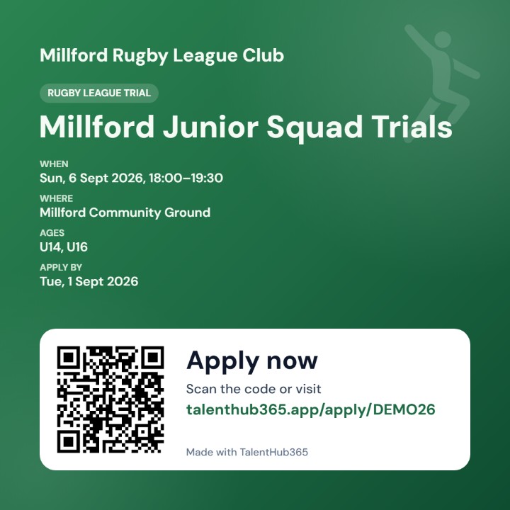 Auto-generated rugby league trial poster with club name, dates, venue, age groups, QR code and apply link