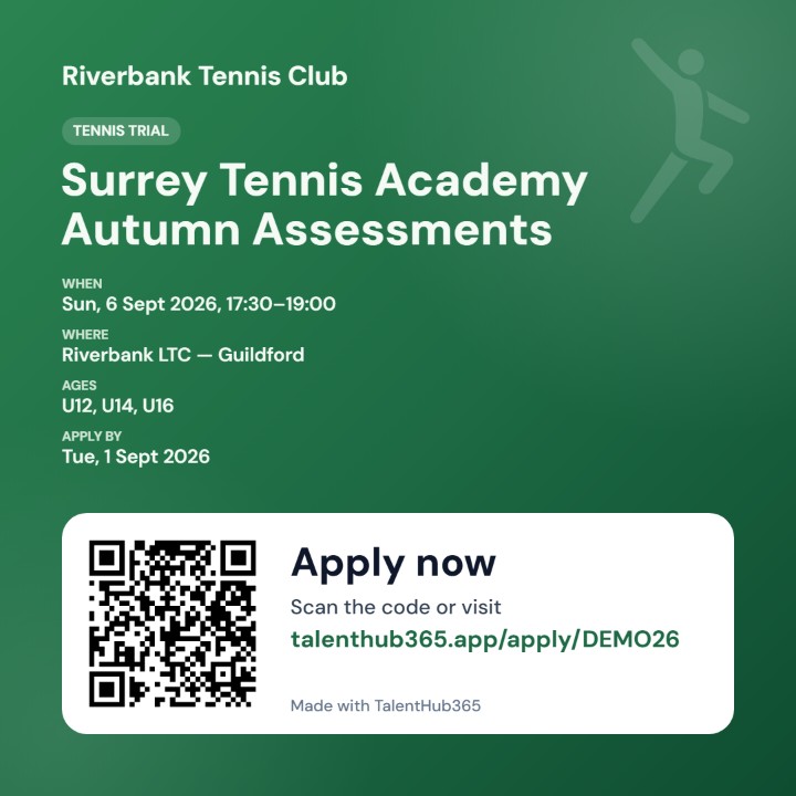 Auto-generated tennis trial poster with club name, assessment dates, venue, age groups, QR code and apply link
