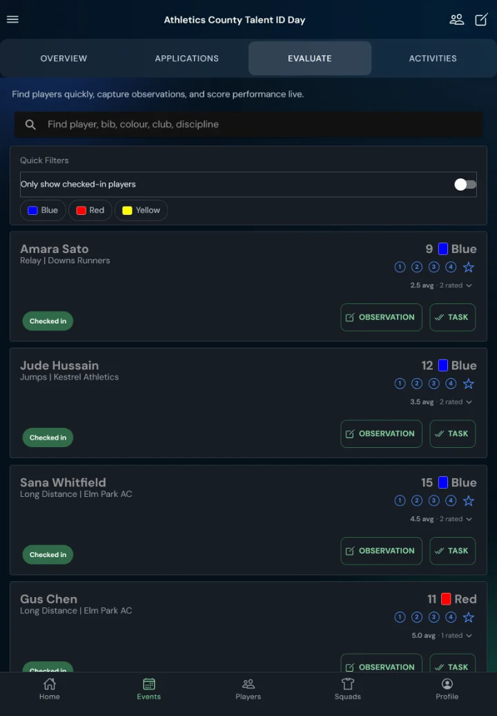 TalentHub365 live evaluation screen for a athletics trial: athletics positions, bib numbers, star ratings, observation and task buttons (tablet)