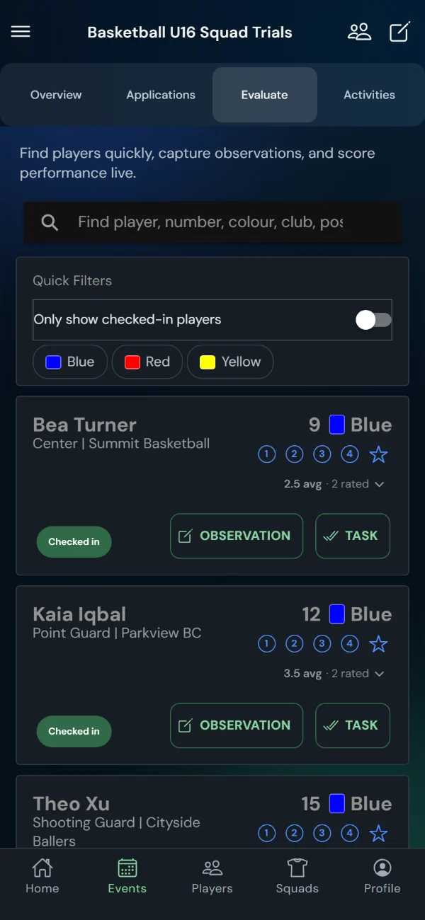TalentHub365 live evaluation screen for a basketball trial: basketball positions, bib numbers, star ratings, observation and task buttons (phone)