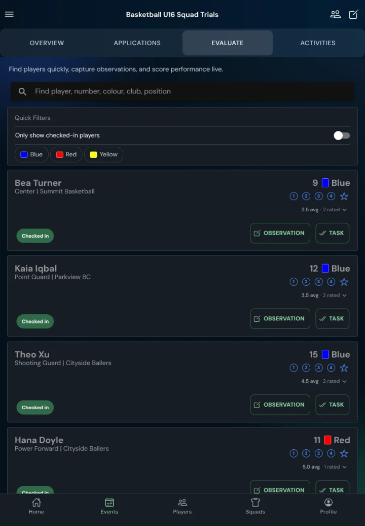 TalentHub365 live evaluation screen for a basketball trial: basketball positions, bib numbers, star ratings, observation and task buttons (tablet)