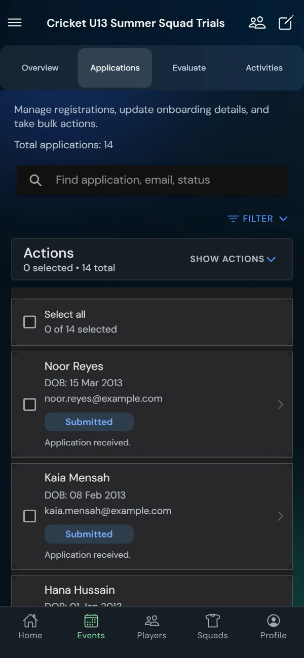 TalentHub365 applications list for a cricket trial with status filters and bulk actions (phone)