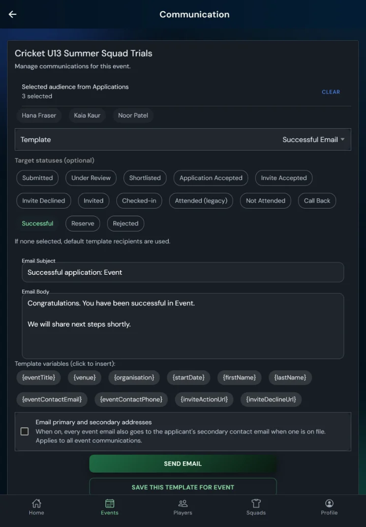 TalentHub365 Communication screen for a cricket trial: three selected applicants, the Successful Email template chosen and the Successful cohort highlighted