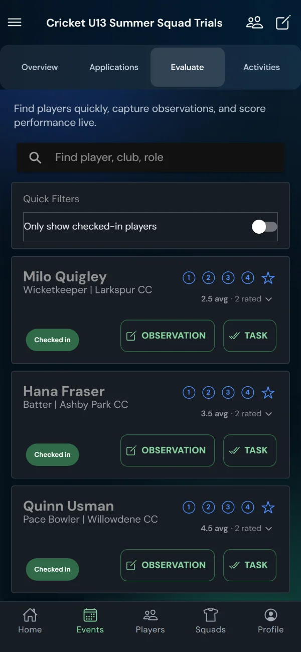 TalentHub365 live evaluation screen for a cricket trial: cricket positions, bib numbers, star ratings, observation and task buttons (phone)