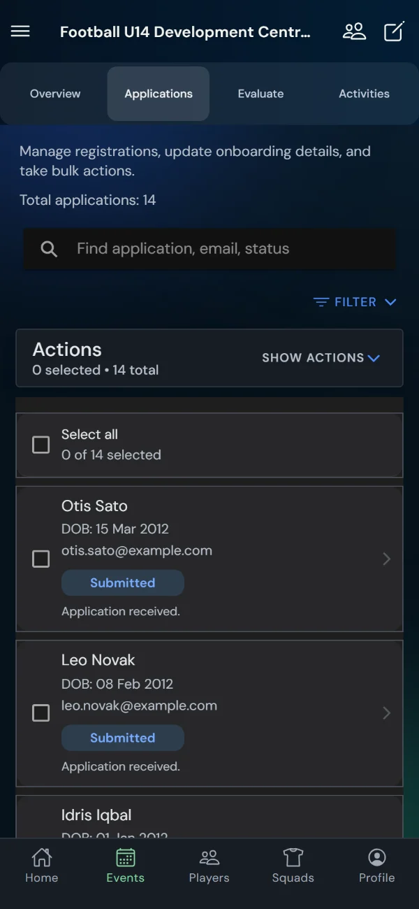 TalentHub365 applications list for a football trial with status filters and bulk actions (phone)