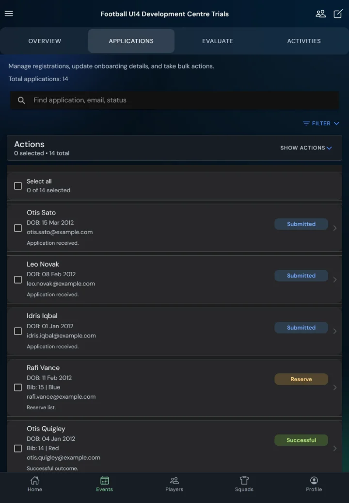 TalentHub365 applications list for a football trial with status filters and bulk actions (tablet)