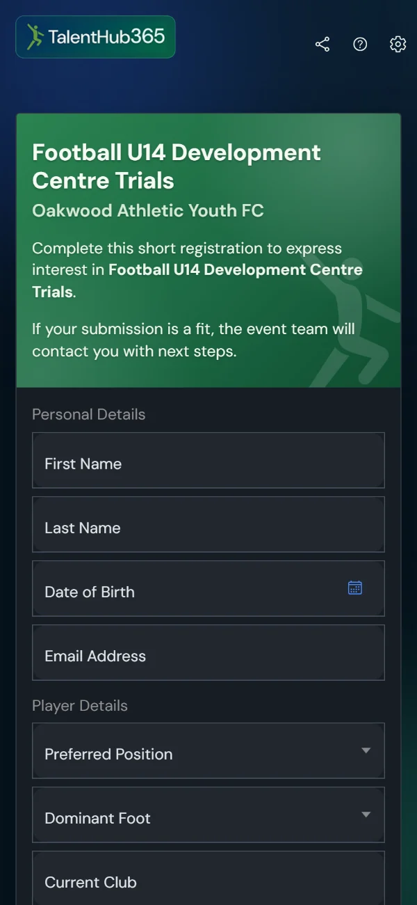 Public apply form on a phone: branded header, Start now, then First Name, Last Name, Date of Birth and consent fields