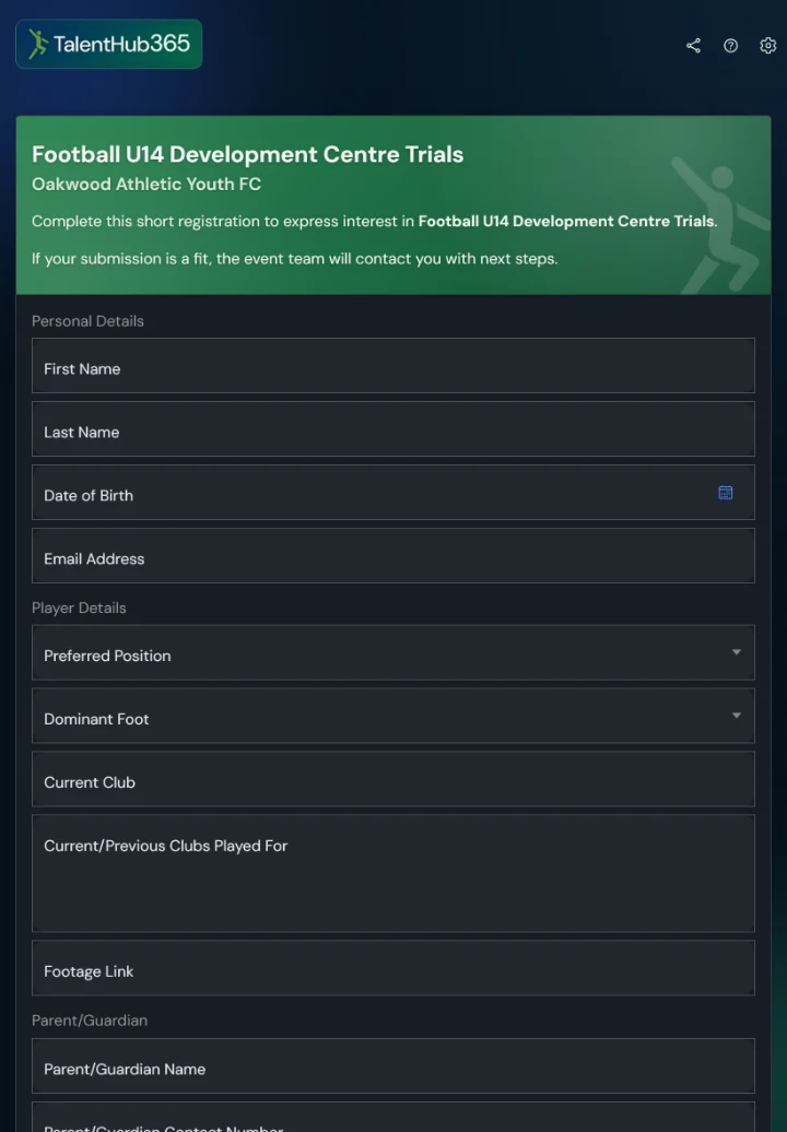 Public apply form on a tablet with the event header and details