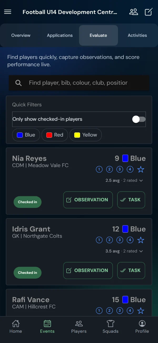 TalentHub365 live evaluation screen for a football trial: football positions, bib numbers, star ratings, observation and task buttons (phone)