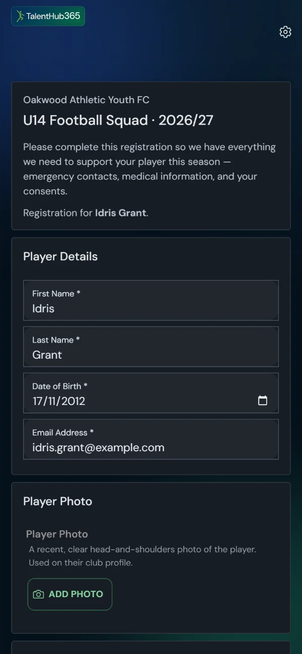The family&rsquo;s registration form: player, guardian, emergency contact, medical, consents