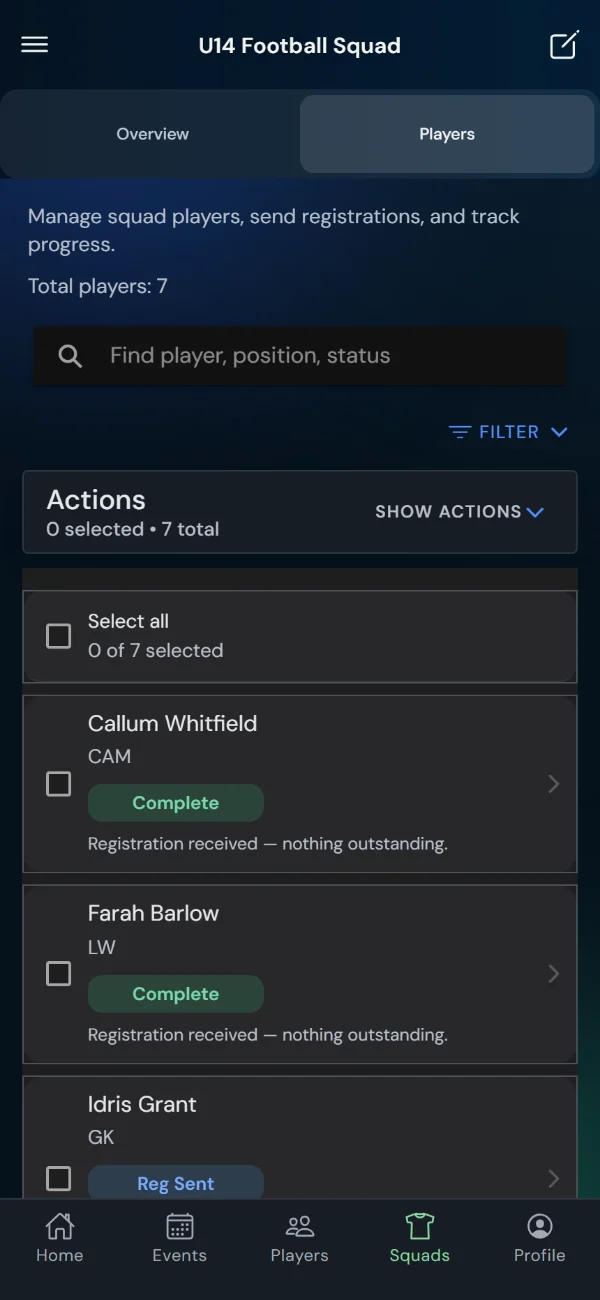 Squad roster with each player&rsquo;s registration status