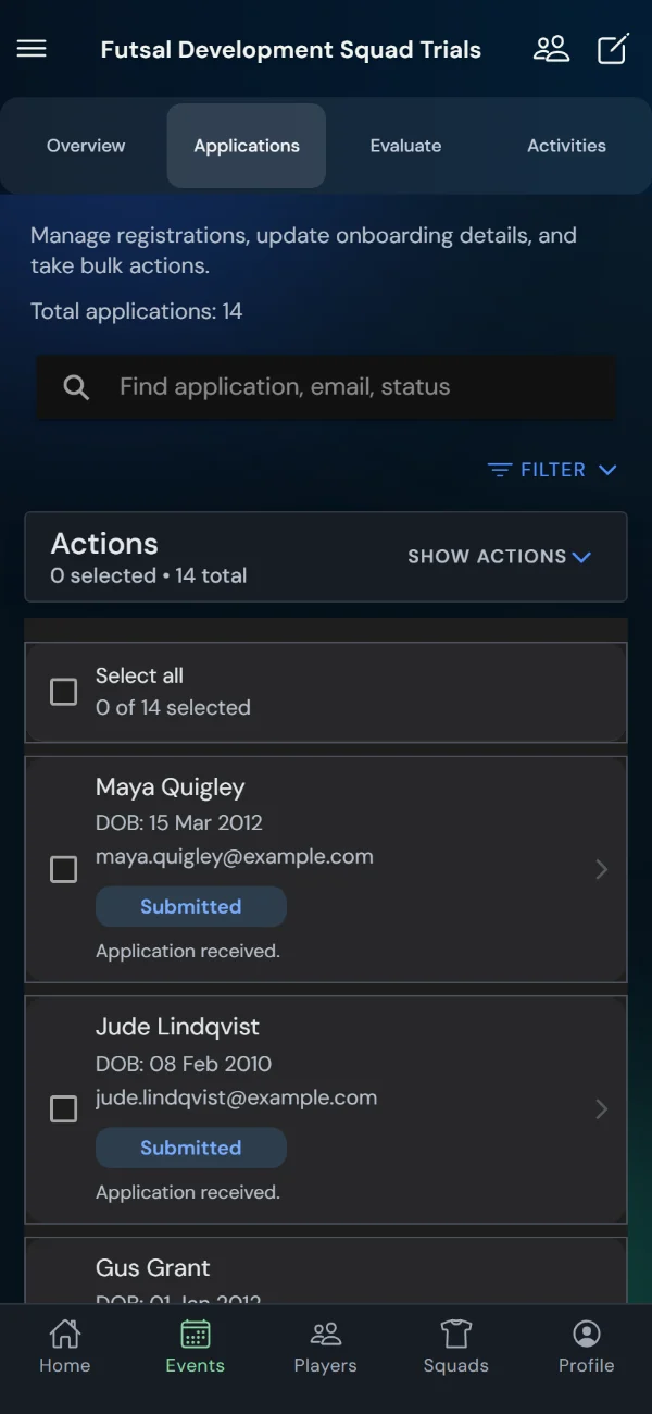 TalentHub365 applications list for a futsal trial with status filters and bulk actions (phone)