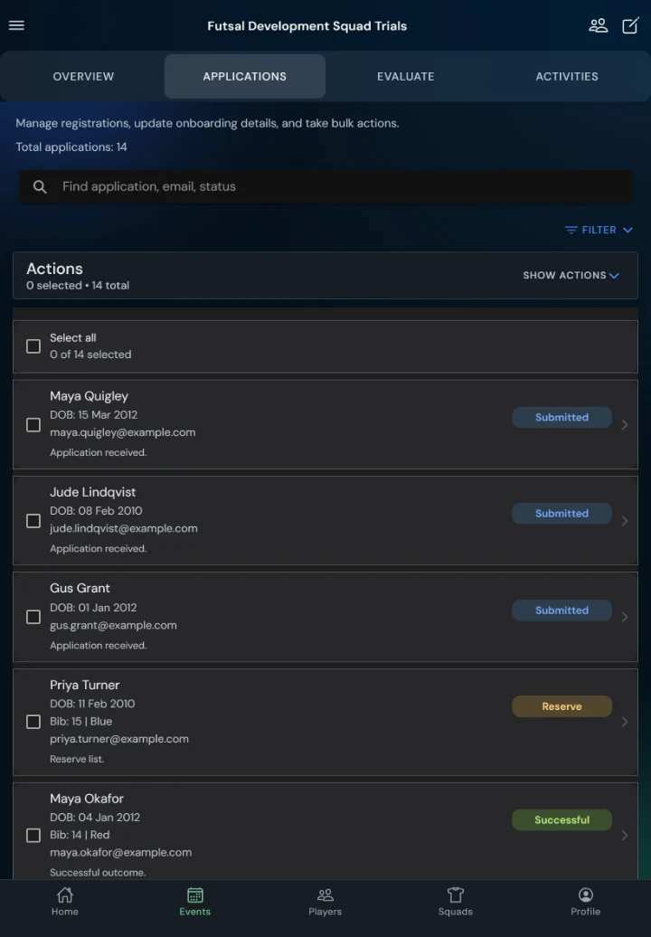 TalentHub365 applications list for a futsal trial with status filters and bulk actions (tablet)