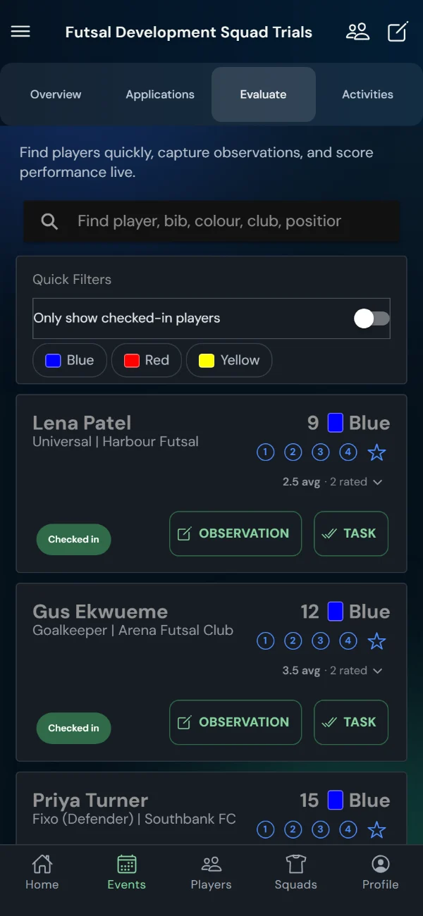 TalentHub365 live evaluation screen for a futsal trial: futsal positions, bib numbers, star ratings, observation and task buttons (phone)