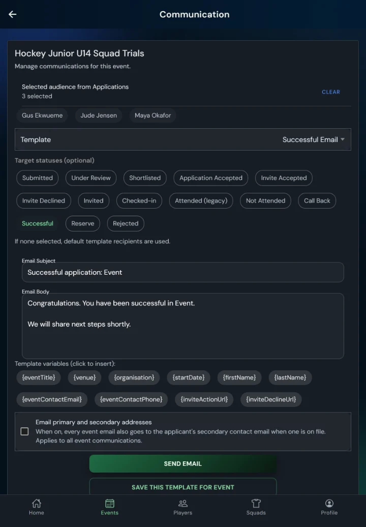 TalentHub365 Communication screen for a hockey trial: three selected applicants, the Successful Email template chosen and the Successful cohort highlighted