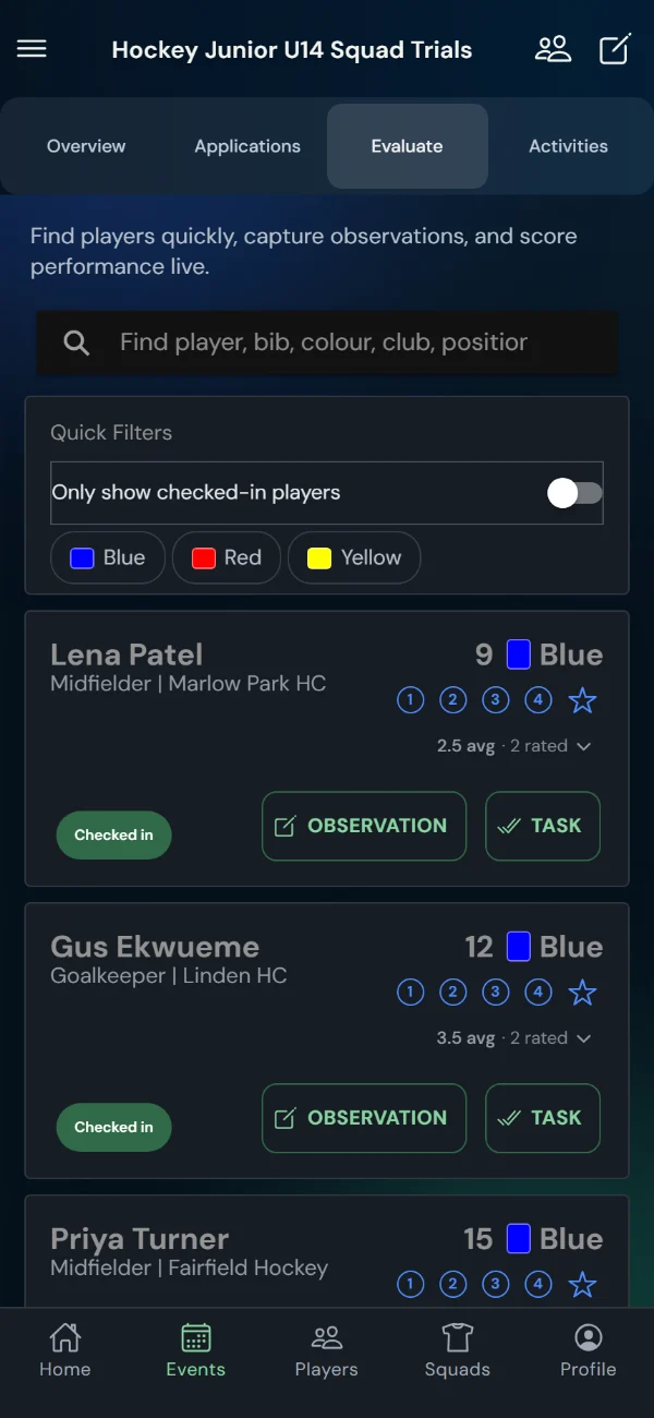 TalentHub365 live evaluation screen for a hockey trial: hockey positions, bib numbers, star ratings, observation and task buttons (phone)