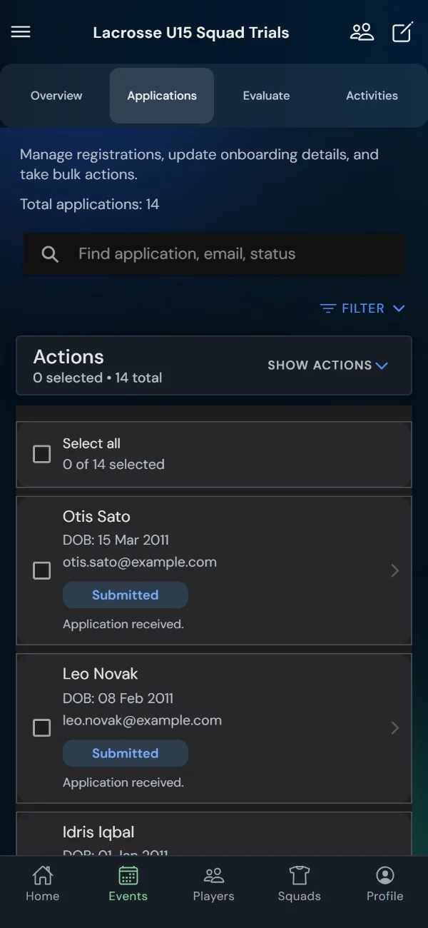 TalentHub365 applications list for a lacrosse trial with status filters and bulk actions (phone)