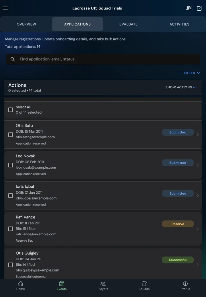 TalentHub365 applications list for a lacrosse trial with status filters and bulk actions (tablet)