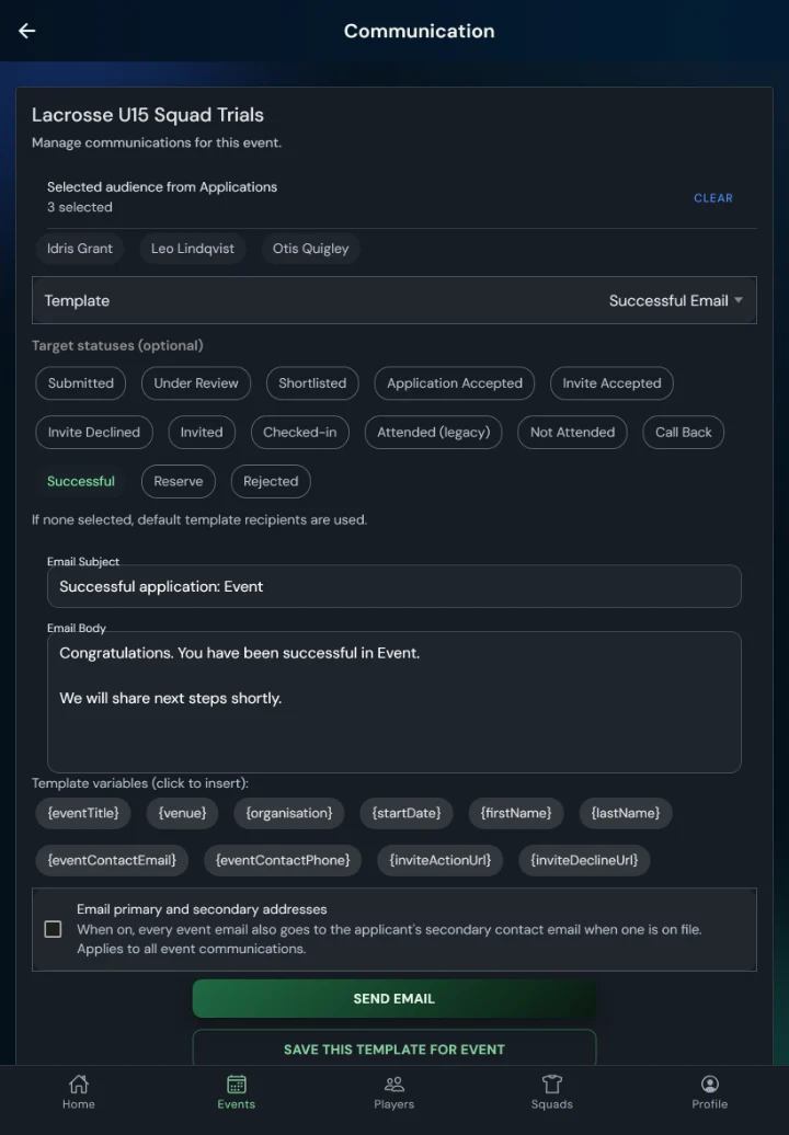 TalentHub365 Communication screen for a lacrosse trial: three selected applicants, the Successful Email template chosen and the Successful cohort highlighted