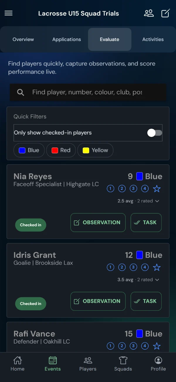 TalentHub365 live evaluation screen for a lacrosse trial: lacrosse positions, bib numbers, star ratings, observation and task buttons (phone)