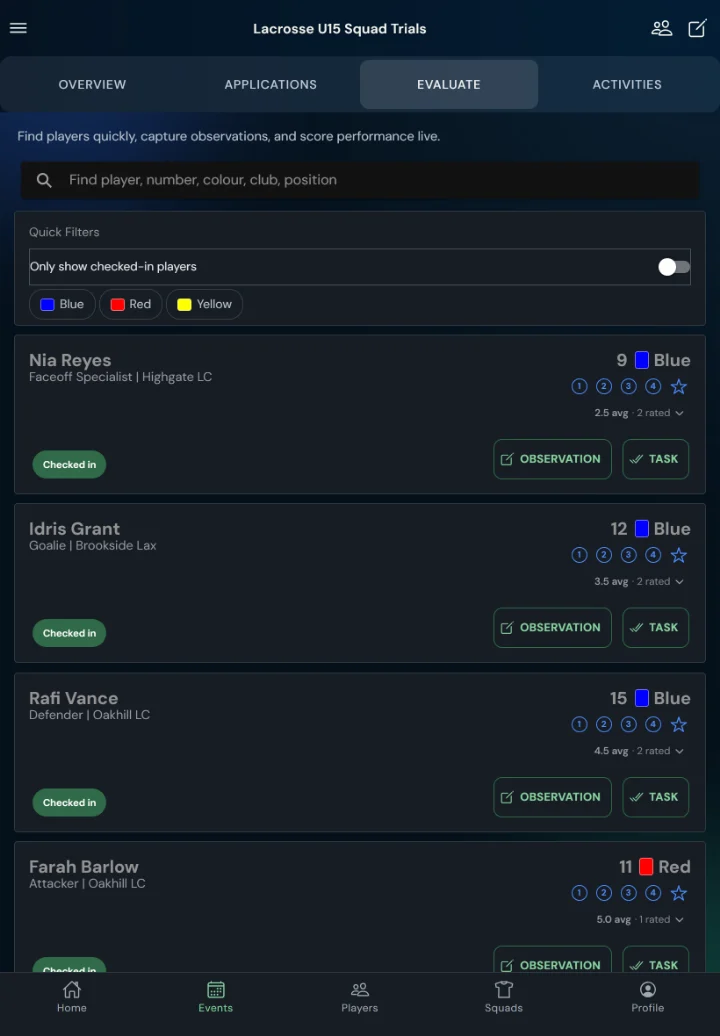 TalentHub365 live evaluation screen for a lacrosse trial: lacrosse positions, bib numbers, star ratings, observation and task buttons (tablet)