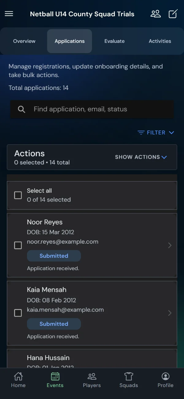 TalentHub365 applications list for a netball trial with status filters and bulk actions (phone)