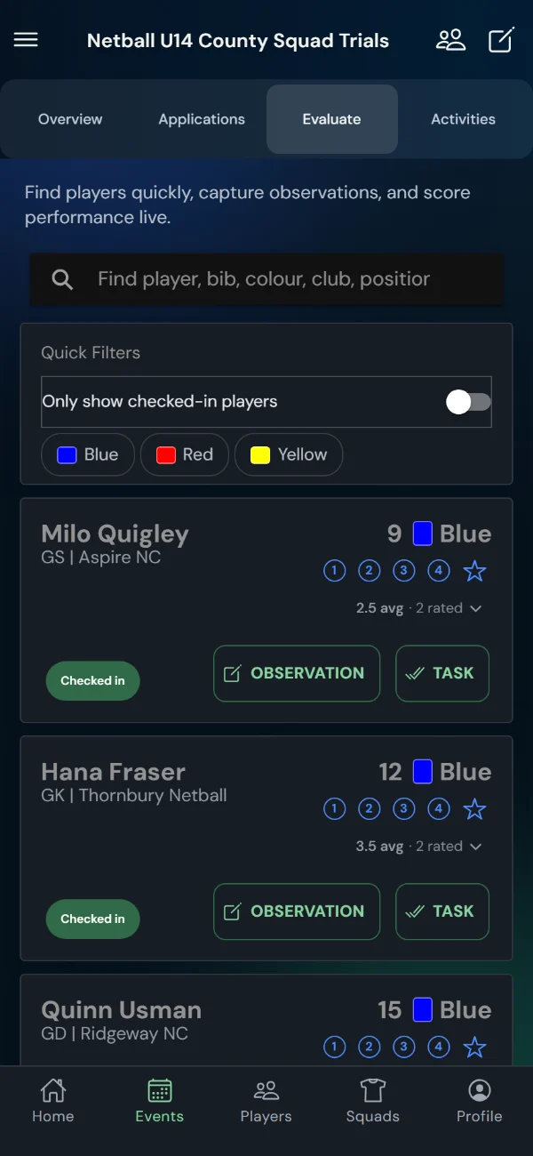 TalentHub365 live evaluation screen for a netball trial: netball positions, bib numbers, star ratings, observation and task buttons (phone)