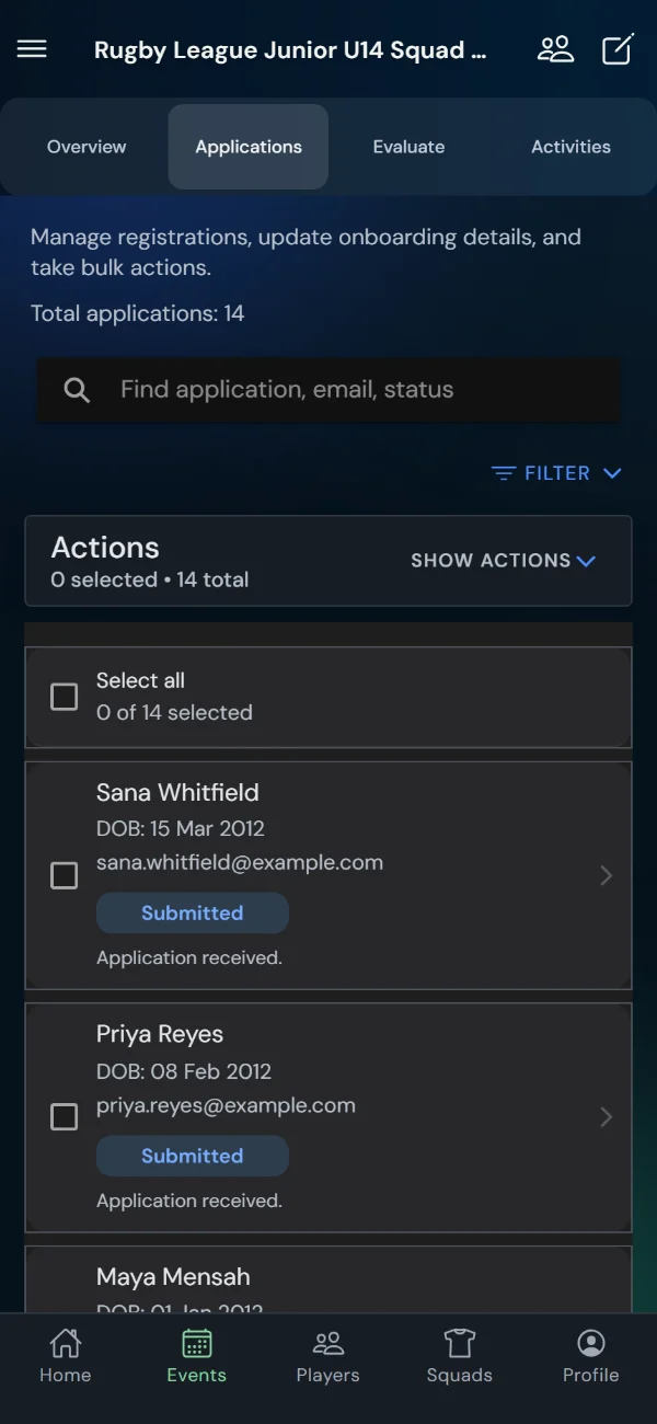 TalentHub365 applications list for a rugby league trial with status filters and bulk actions (phone)