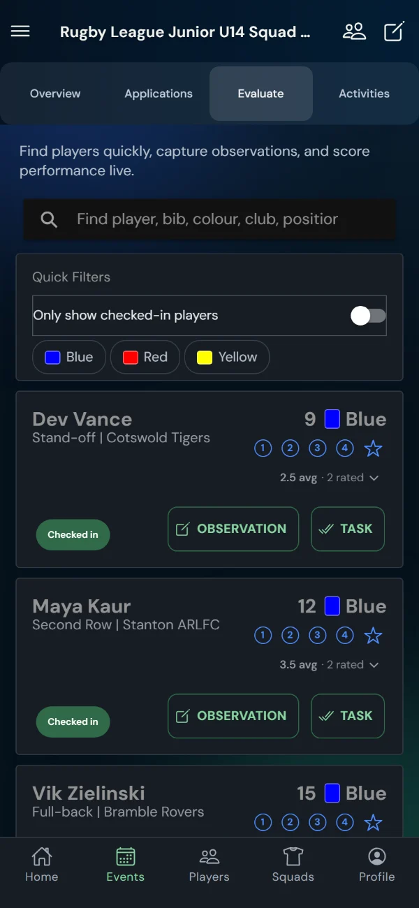 TalentHub365 live evaluation screen for a rugby league trial: rugby league positions, bib numbers, star ratings, observation and task buttons (phone)