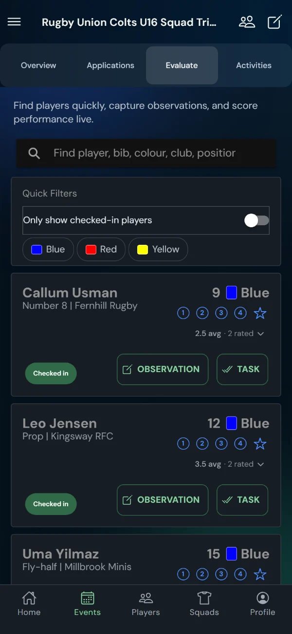 TalentHub365 live evaluation screen for a rugby union trial: rugby union positions, bib numbers, star ratings, observation and task buttons (phone)
