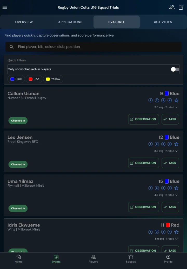 TalentHub365 live evaluation screen for a rugby union trial: rugby union positions, bib numbers, star ratings, observation and task buttons (tablet)