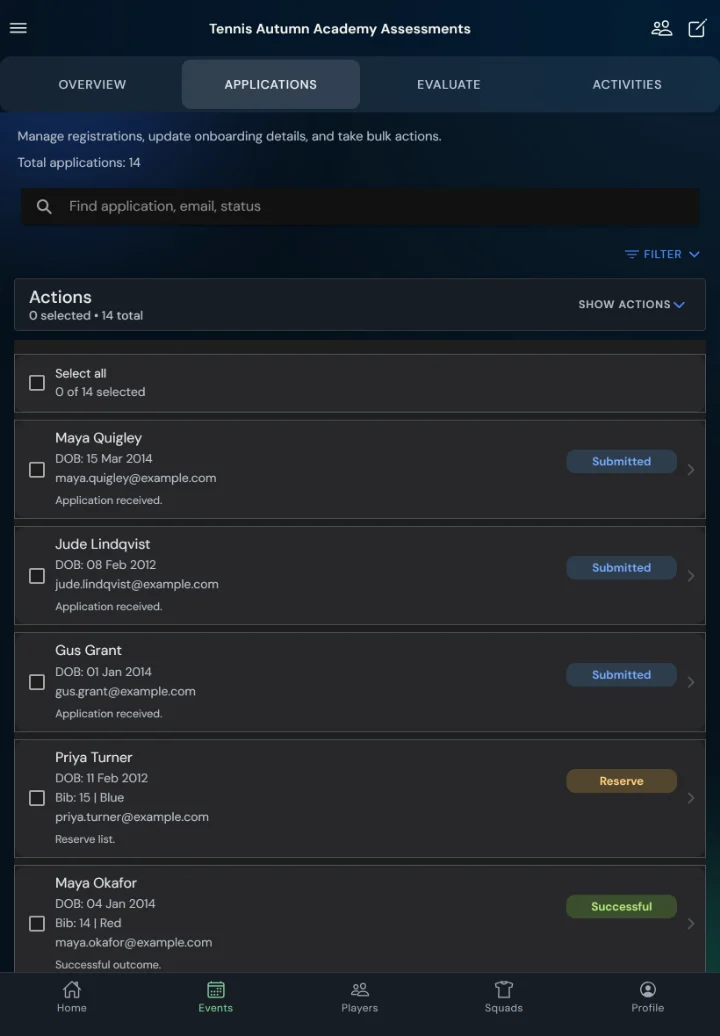 TalentHub365 applications list for a tennis trial with status filters and bulk actions (tablet)