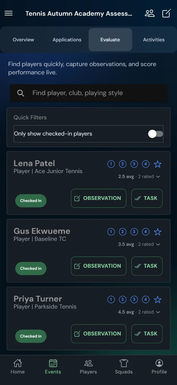 TalentHub365 live evaluation screen for a tennis trial: tennis positions, bib numbers, star ratings, observation and task buttons (phone)