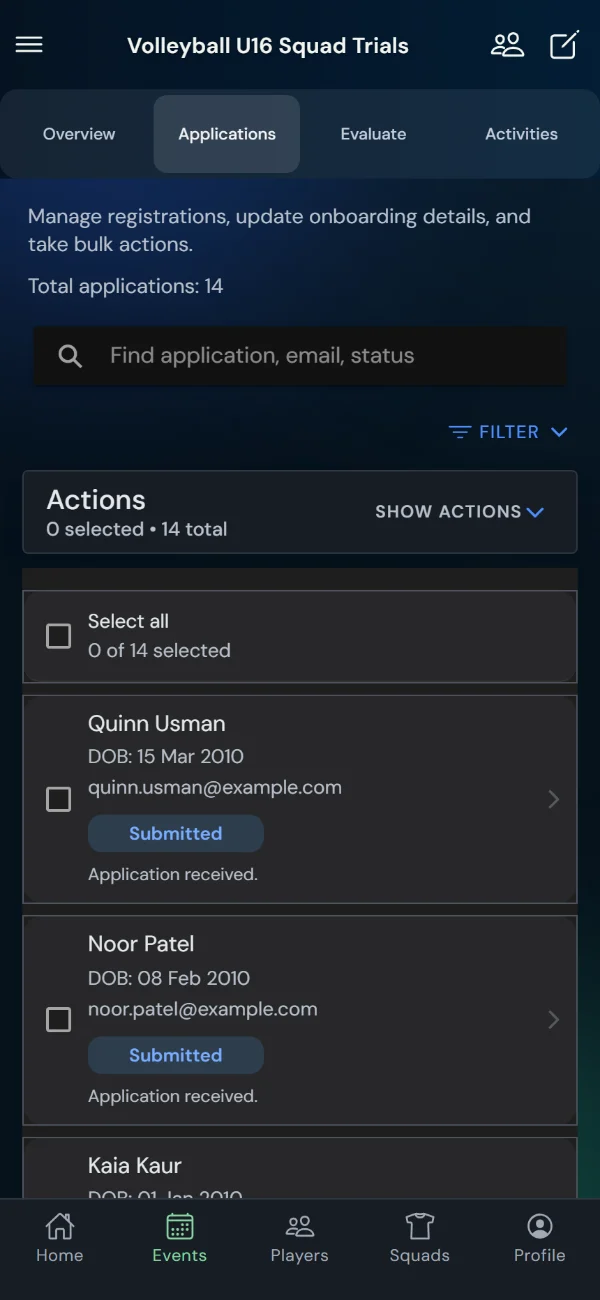 TalentHub365 applications list for a volleyball trial with status filters and bulk actions (phone)
