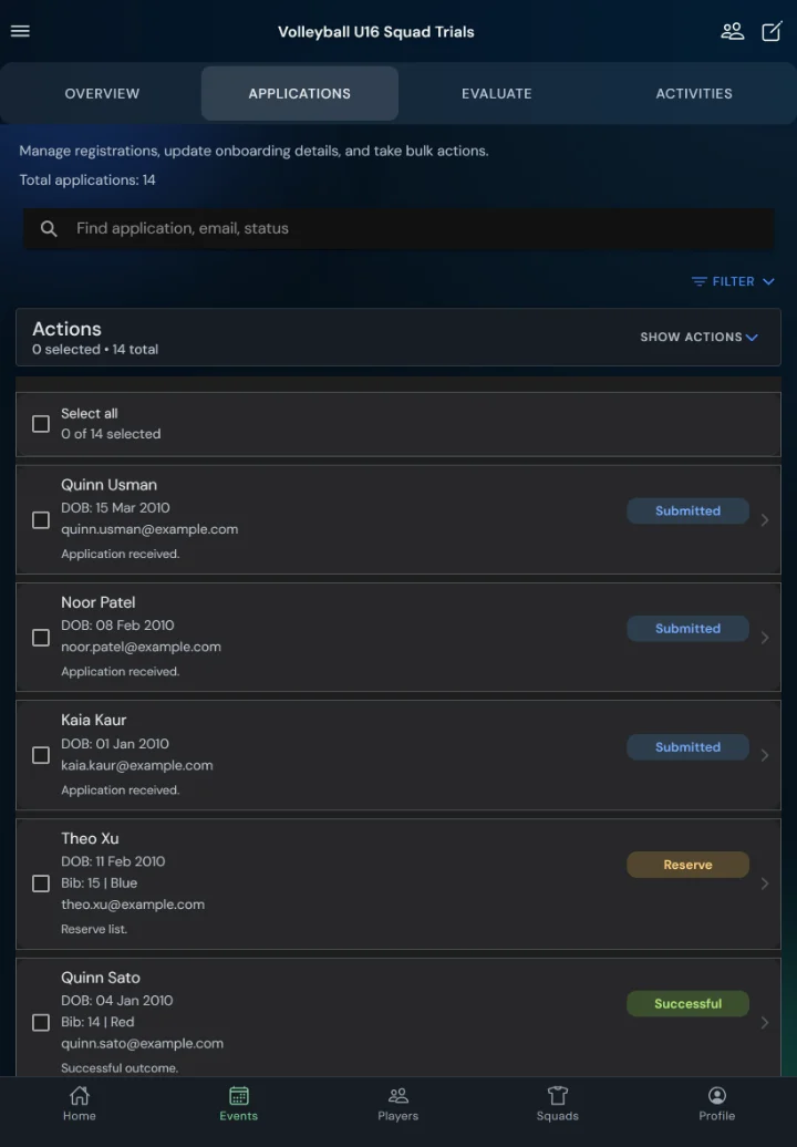 TalentHub365 applications list for a volleyball trial with status filters and bulk actions (tablet)