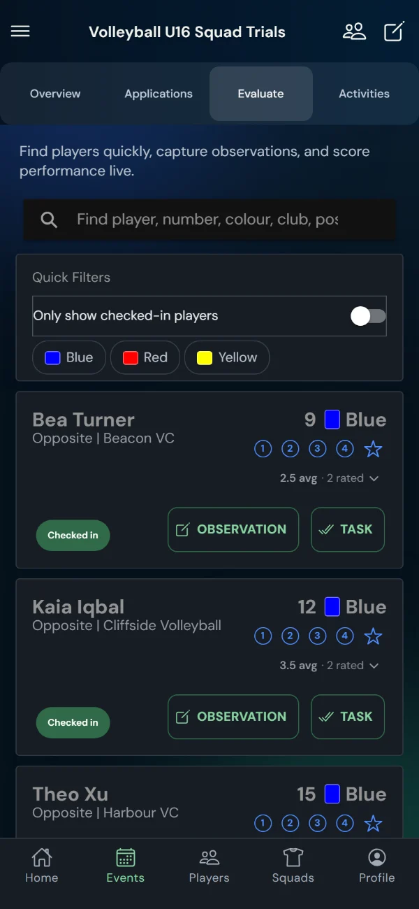 TalentHub365 live evaluation screen for a volleyball trial: volleyball positions, bib numbers, star ratings, observation and task buttons (phone)