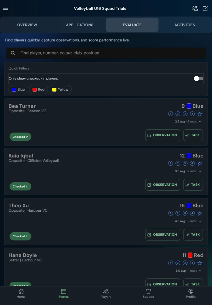 TalentHub365 live evaluation screen for a volleyball trial: volleyball positions, bib numbers, star ratings, observation and task buttons (tablet)
